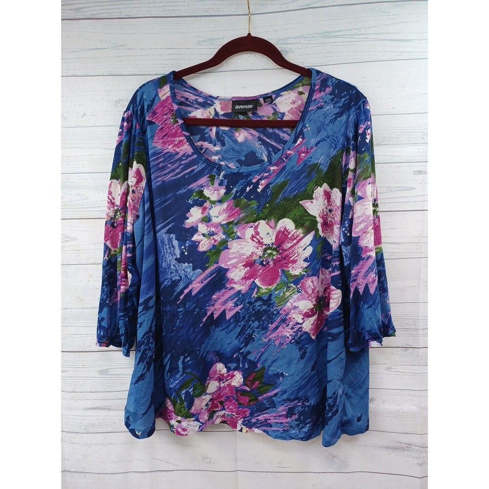 Avenue Womens Blouse Top Plus Sz 26/28 Violet Floral Print Art 100% Nylon